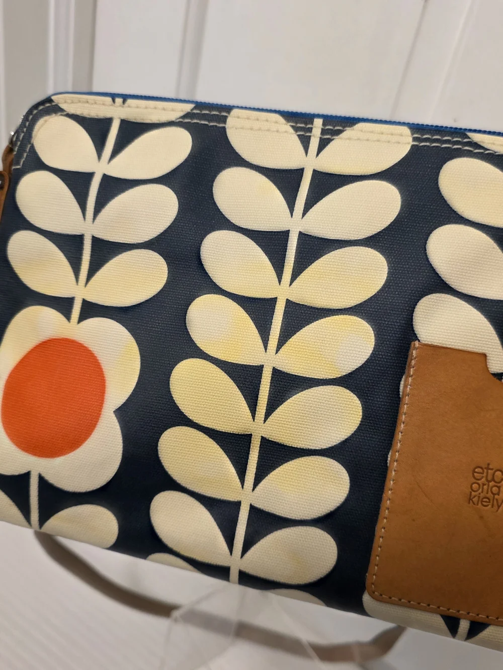 Orla Kiely Navy Crossbody/Clutch W/ Cream Stem Pattern & Orange Dot Lightweight